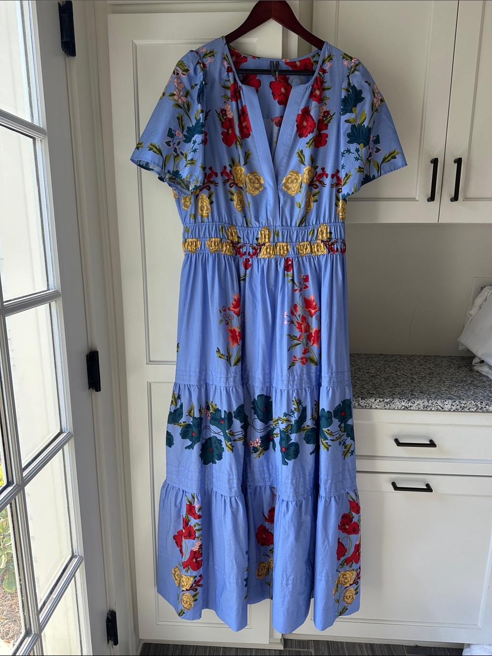 Anthropologie Light Blue Floral Maxi Dress with Red & Yellow Accents